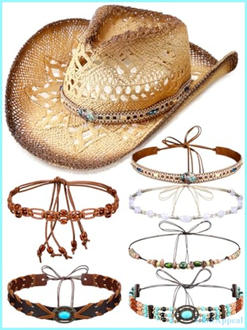 Straw Cowgirl Hat with 6 Interchangeable Bands